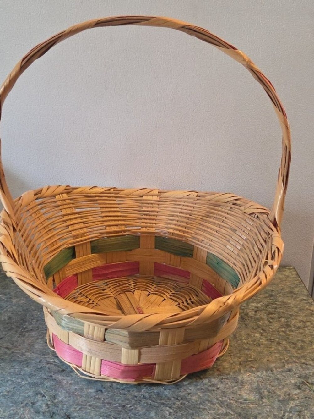 Vintage Easter Bonnet Basket Woven Wicker Pink and Green Bands Mexico - Picture 11 of 12